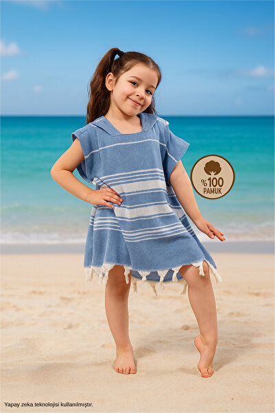 Formeya Children's Bathrobe Poncho %100 Cotton Beach Towel Pashtemal Blue