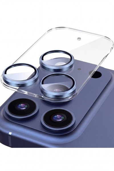 Fibaks iPhone 17 Pro Max Safir AR+AF Şeffaf Zeminli Lacivert Çerçeveli Tam Ko...