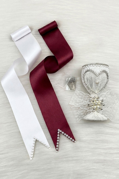 ZEYMERADE Jewelry Ribbon Set, White Heart Pin, Burgundy White Pearl Bridal Gr...