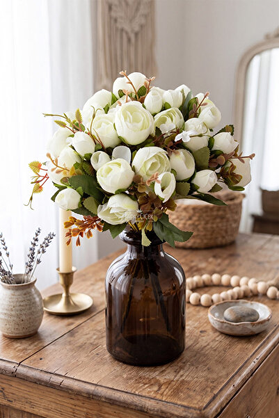 Yapay Çiçek Deposu Brussels Peony Rose Bunch (White-Cream) White