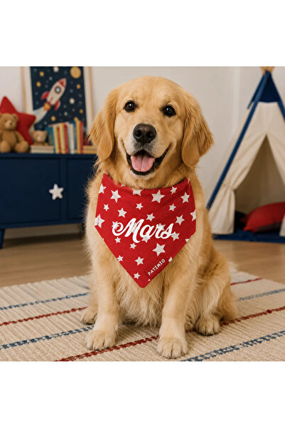 PATİMİO Isme Özel Kedi Ve Köpek Red Stars Tasma Fular Bandana