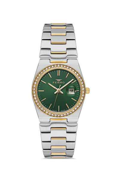 FERRO Fl21596Awt-D6 Quarzt Steel Gold/Gray Green Dial 30 mm Women Wrist Watch