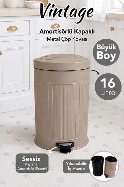 Meleni Home Vintage Çöp Kovası - İç Hazneli Banyo Mutfak Pedallı Amortisör Ka...