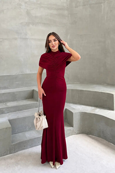 MİROR Kadın Bordo Drapeli Yüksek Yaka Balık Model Maxi Boy Elbise