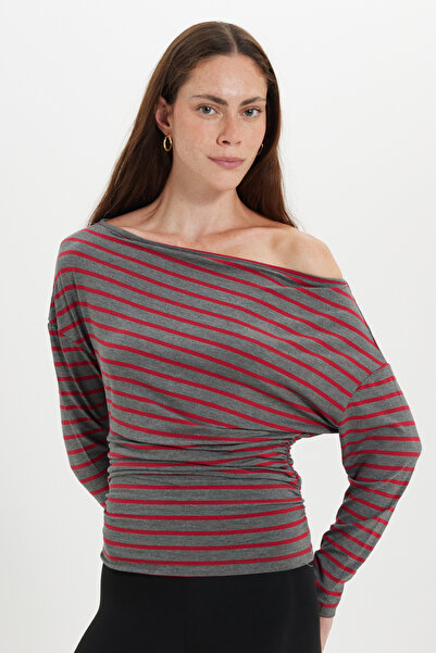 Tudors Women's Regular Fit Classic Cut Boat Neck Long Sleeve Striped Lycra Bu...