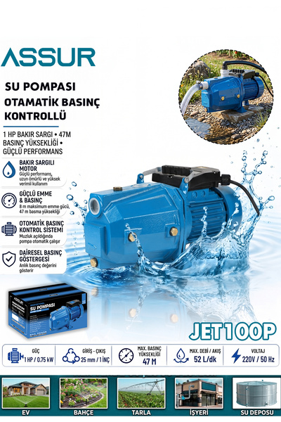 ASSUR JET100P Su Pompası 47m Basınç Yüksekliği 1 Hp Bakır Sargı Elektrikli Sa...