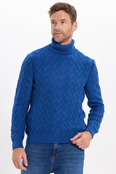 Tudors Men's Slim Fit Slim Fit Full Turtleneck Patterned Navy Blue Knitwear S...
