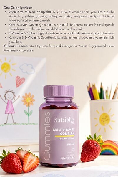 Farmasi Nutriplus Çocuk Multivitamin Gummy 60 Adet | Çilek Aromalı Vegan Vitamin Mineral Takviyesi