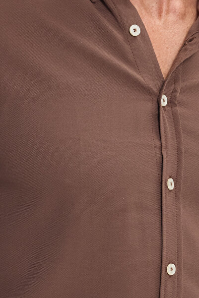 Tudors Men's Slim Fit Slim Fit Plain Oxford Embroidered Button-Down Collar Brown Sports Shirt