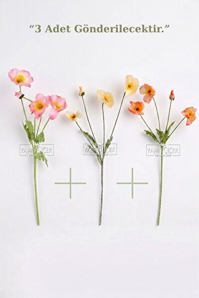 Yapay Çiçek Deposu Yapay Gelincik Dalı 60 cm 3lü SET Somon-Krem-Açık Pembe