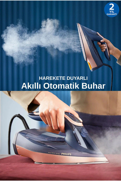 Philips Otomatik Azur 8000 Akıllı Sensörlü Buharlı Ütü - Özel Taban - 260g Tu...