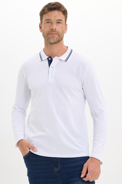 Tudors Men's Slim Fit 100% Cotton Long Sleeve White Polo Collar T-Shirt