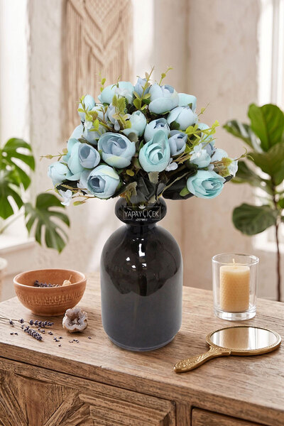 Yapay Çiçek Deposu Brussels Peony Rose Bunch (Blue-Turquoise) Blue