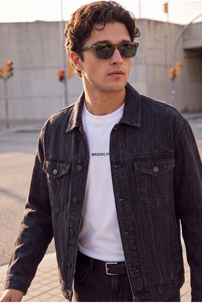 Trendyol Collection Anthracite Textured Striped Regular Fit Men's Denim Jacke...