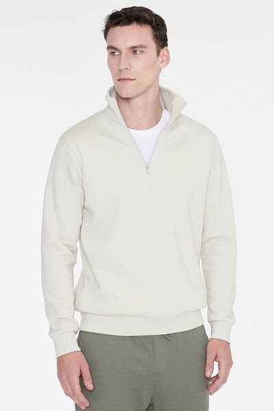 AC&Co / Altınyıldız Classics Erkek Bej İçi Polarlı Standart Fit Normal Kesim Fermuarlı Dik Bato Yaka Pamuklu Sweatshirt