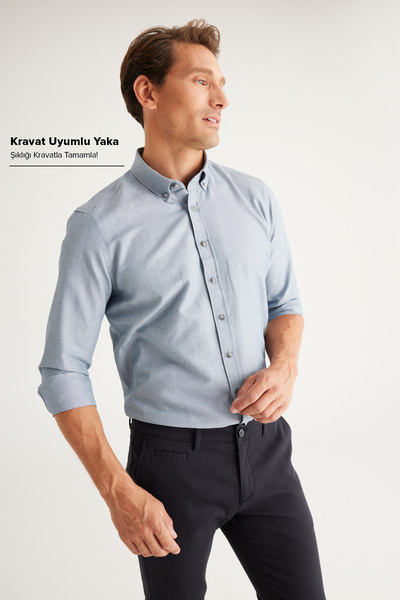 AC&Co / Altınyıldız Classics Erkek Oxford Kolay Ütülenebilir Pamuklu Terletmez Gömlek Gri Düğmeli Yaka Slim Fit Dar Kesim