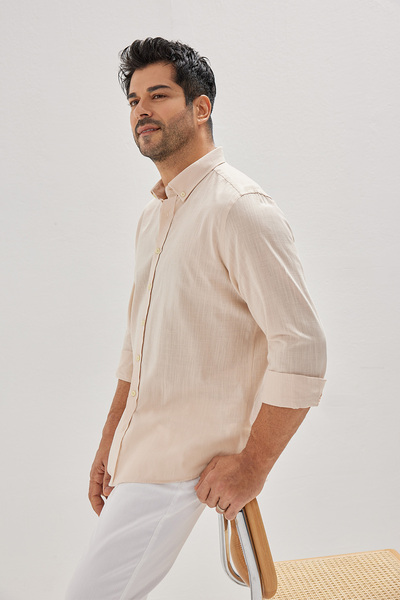 AC&Co / Altınyıldız Classics Erkek Bej Kolay Ütülenebilen %100 Pamuk Keten Görünümlü Nefes Alabilen Terletmez Slim Fit Gömlek