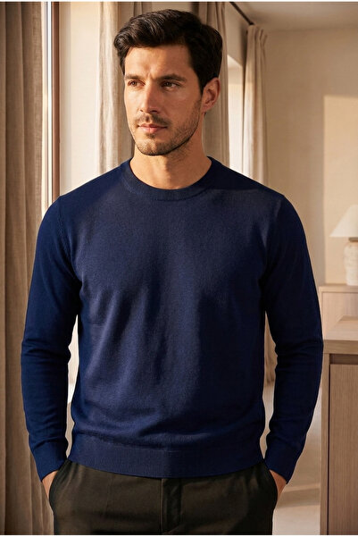 Katia&Bony Men's Premium Crew Neck Soft Textured Knit Sweater Sax Blue