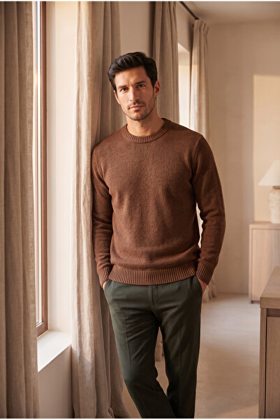 Katia&Bony Men's Premium Crew Neck Soft Textured Knit Sweater Brown