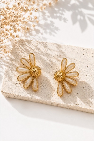 Jack Ferrero Yellow Color Enamel Detailed Stylish Half Daisy Earrings Women's...