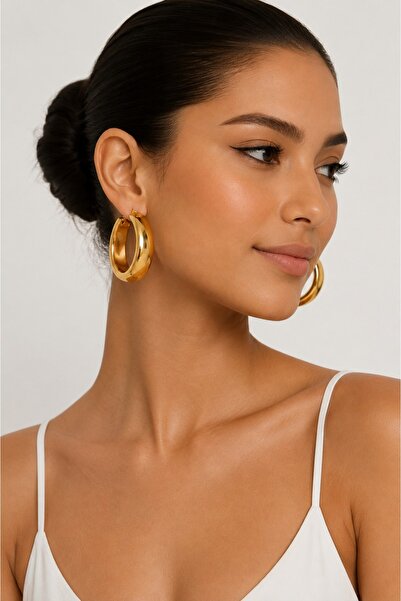 Jack Ferrero Women's Yellow Steel Loop Hoop Earrings - Thick Yellow Gold Earr...