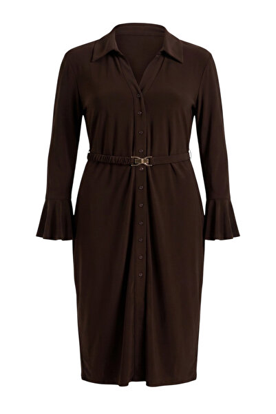 Trendyol Curve Brown Accessory Detailed Buttoned Maxi Length Knitted Plus Siz...