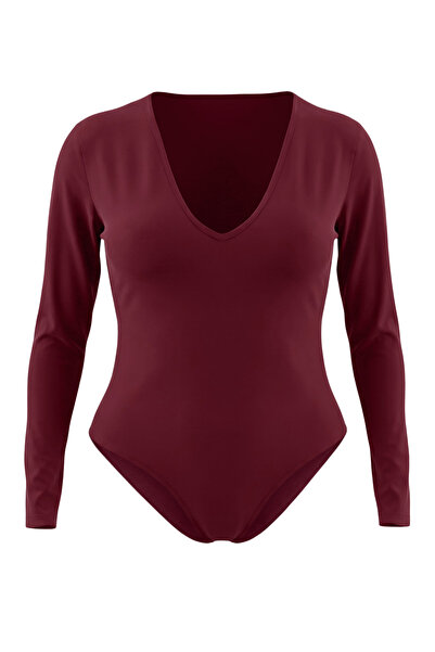Trendyol Curve Burgundy Deep V-Neck Snap Fastener Basic Knitted Bodysuit Tbba...