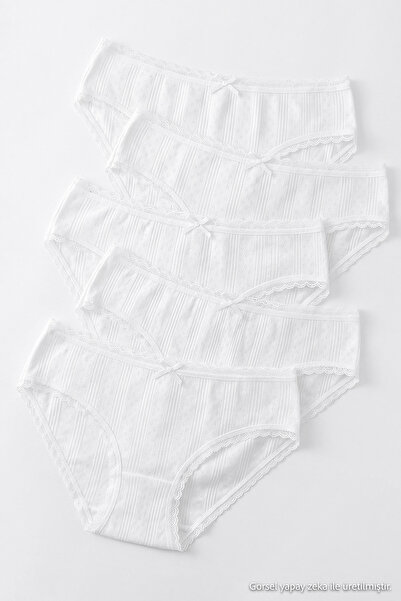 Trendyol Collection White 5-Pack 100% Cotton Ribbon/Bow Detailed Pointel Clas...