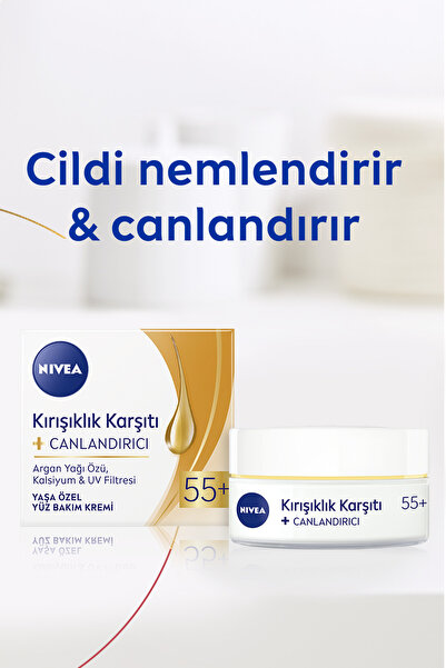 NIVEA 55 Yaşa Özel Kırışıklık ve Yaşlılık Karşıtı Yüz Bakım Kremi 50ml, Argan Yağı, Kalsiyum, Canlandırıcı