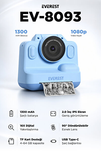 Everest EV-8093 Mavi 1080P Full HD 1300mAh Şarjlı Müzik Anında Baskı Yapabile...