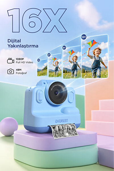 Everest EV-8093 Mavi 1080P Full HD 1300mAh Şarjlı Müzik Anında Baskı Yapabilen Dijital Çocuk Kameras