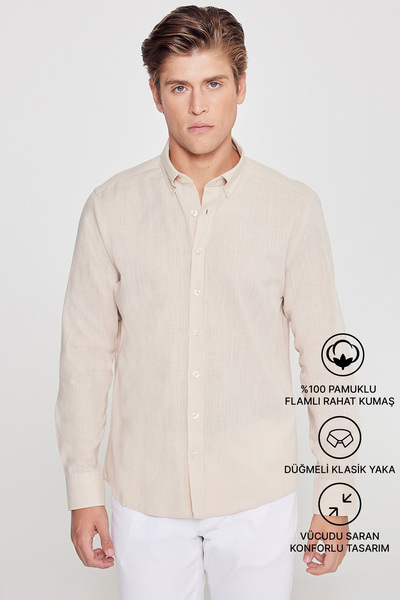 AC&Co / Altınyıldız Classics Erkek Bej Kolay Ütülenebilen %100 Pamuk Keten Görünümlü Nefes Alabilen Terletmez Slim Fit Gömlek