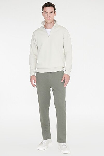AC&Co / Altınyıldız Classics Erkek Bej İçi Polarlı Standart Fit Normal Kesim Fermuarlı Dik Bato Yaka Pamuklu Sweatshirt