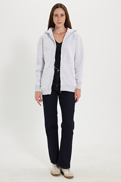 Tudors Kadın Oversize Geniş Kesim %100 Pamuk Kapüşonlu Fermuarlı Cepli Gri Sweatshirt