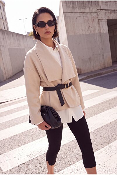 Trendyol Collection Mink Oversize Patterned Belted Suede Bomber Coat Twoaw27M...