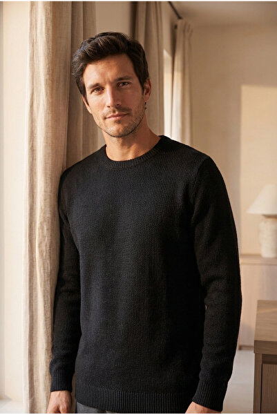 Katia&Bony Men's Premium Crew Neck Soft Textured Knit Sweater Black