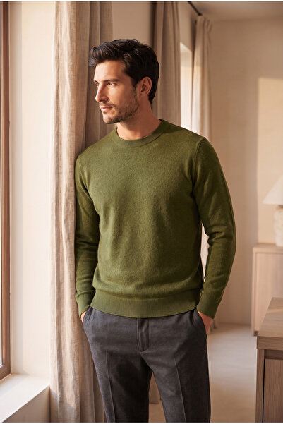 Katia&Bony Men's Premium Crew Neck Soft Textured Knit Sweater Khaki