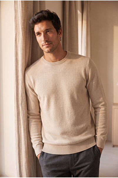 Katia&Bony Men's Premium Crew Neck Soft Textured Knit Sweater Light Gray