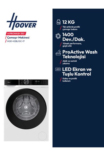Hoover HGD 412BL10C-17 A Enerji Sınıfı 12 kg 1400 Devir Wi-Fİ Bağlantılı Çamaşır Makinesi
