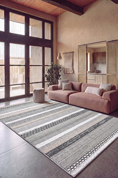 Cool Halı Adora Gri Pamuk Halı Kilim Çizgili Rustik Dokuma Kabartmalı Yumuşak...