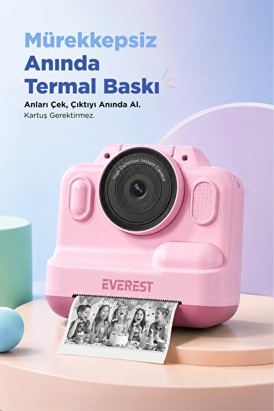 Everest EV-8093 Pembe 1080P Full HD 1300mAh Şarjlı Müzik Anında Baskı Yapabilen Dijital Çocuk Kamera