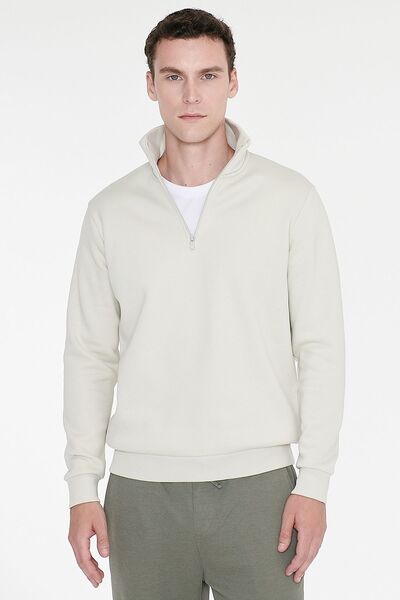 AC&Co / Altınyıldız Classics Erkek Bej İçi Polarlı Standart Fit Normal Kesim Fermuarlı Dik Bato Yaka Pamuklu Sweatshirt