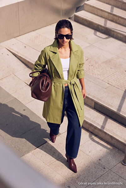 Trendyol Collection Trench lung kaki, supradimensionat, cu guler înalt, cu în...