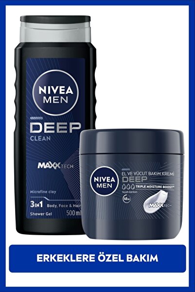NIVEA MEN Erkek Deep Clean Duş Jeli 500ml ve Deep Nemlendirici Vücut Bakım Kr...