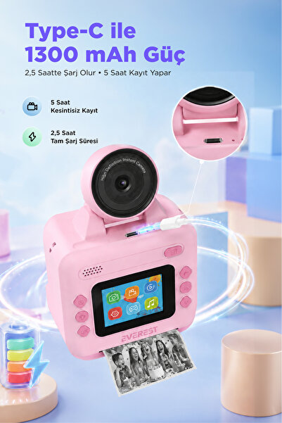 Everest EV-8093 Pembe 1080P Full HD 1300mAh Şarjlı Müzik Anında Baskı Yapabilen Dijital Çocuk Kamera