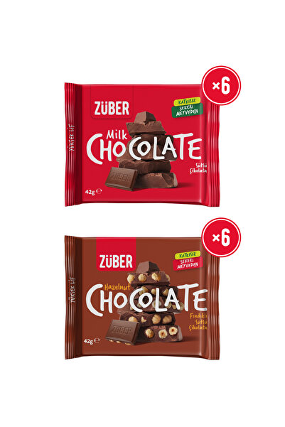Züber Sütlü Çikolata 42g x 6 Adet + Fındıklı Sütlü Çikolata 42g x 6 Adet