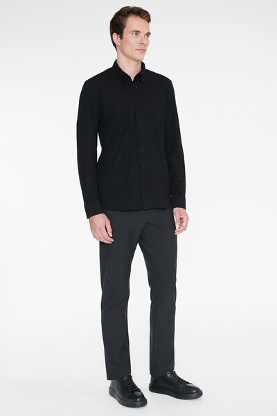 AC&Co / Altınyıldız Classics Erkek Oxford Kolay Ütülenebilir Pamuklu Terletmez Gömlek Siyah Düğmeli Yaka Slim Fit Dar Kesim