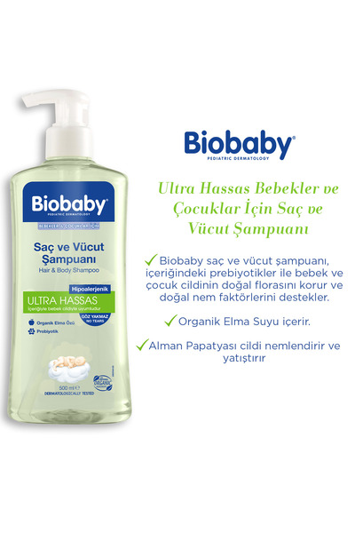 Biobaby Ultra Hassas Saç ve Vücut Bebek Şampuanı 500 ml - Organik Elma Suyu ve Prebiyotik İçerikli