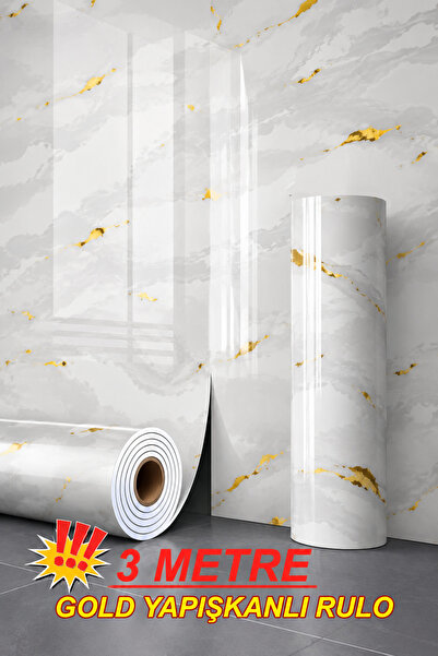 Renkli Duvarlar Beden Seçenekli Gold Mermer Desenli 30x60 - 60x300cm Yapışkan...