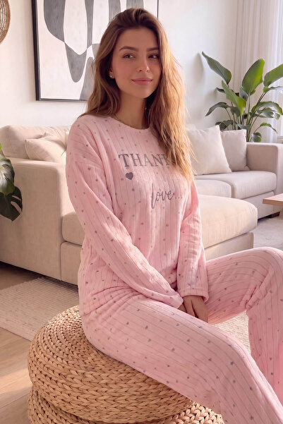 Pijamaevi Set de pijamale polare de pluș cu model roz pudrat Thanks